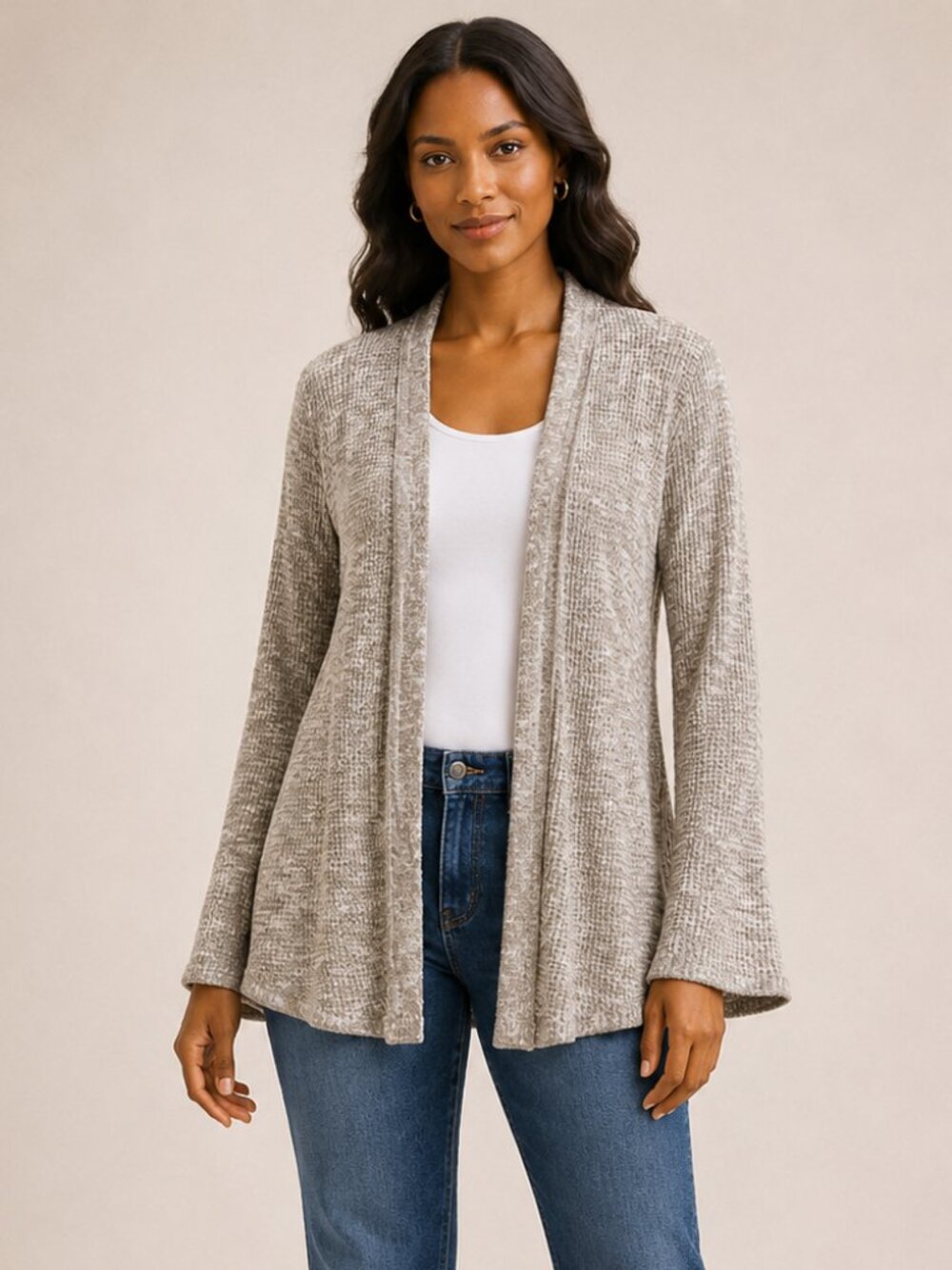 Express Taupe Waffle Knit Flare Sleeve Open Front Cardigan Sweater XS